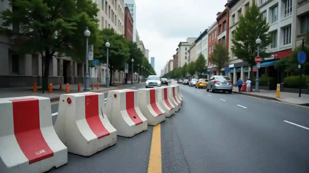 A road with cement jersey barriers